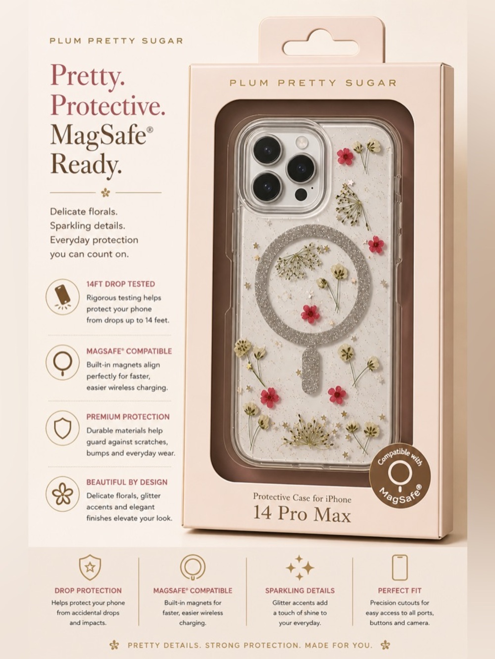 Pretty Plum Protective case for iPhone 14 Pro max- pink flowers